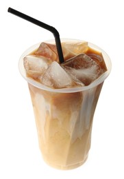 Photo of Refreshing iced coffee with milk in plastic cup isolated on white