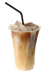 Photo of Refreshing iced coffee with milk in plastic cup isolated on white