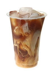 Photo of Refreshing iced coffee with milk in plastic cup isolated on white