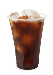 Photo of Refreshing iced coffee in plastic cup isolated on white