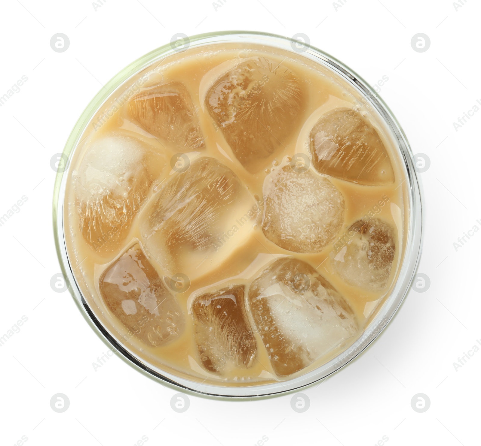 Photo of Refreshing iced coffee with milk in glass isolated on white, top view