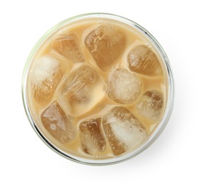 Photo of Refreshing iced coffee with milk in glass isolated on white, top view