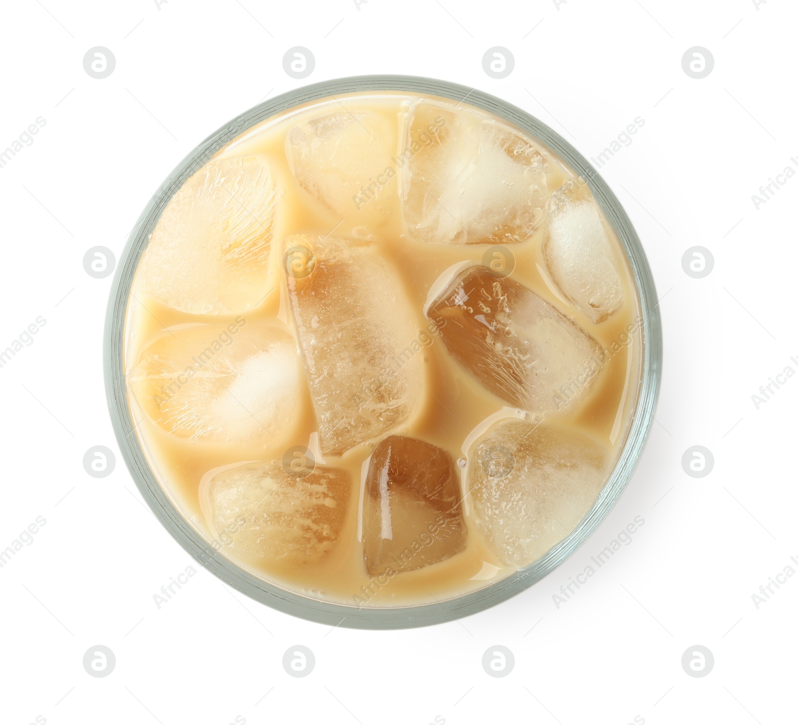 Photo of Refreshing iced coffee with milk in glass isolated on white, top view