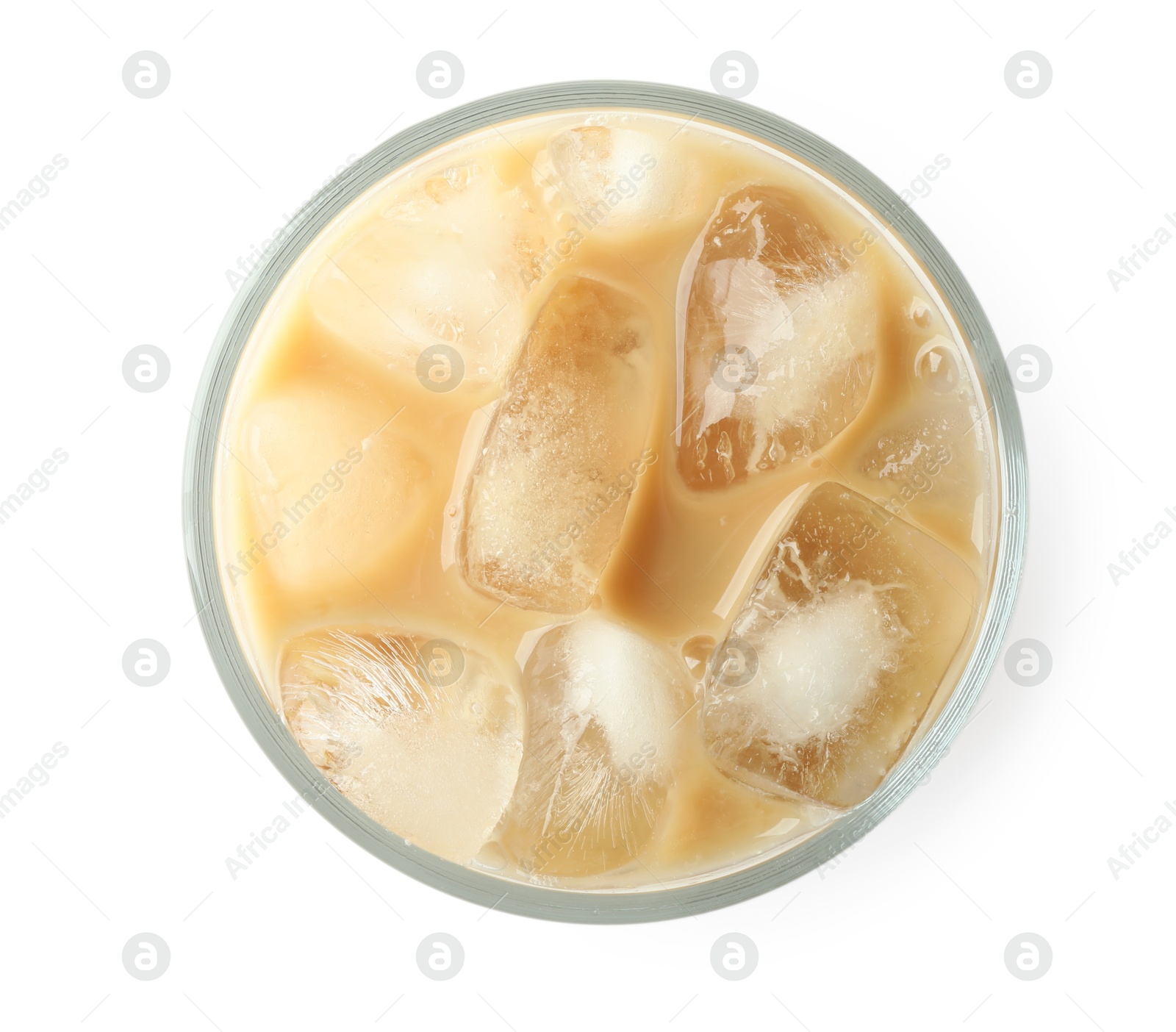 Photo of Refreshing iced coffee with milk in glass isolated on white, top view