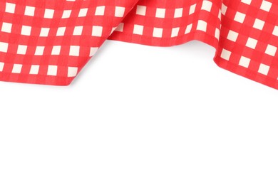 Photo of Red checkered tablecloth isolated on white, top view