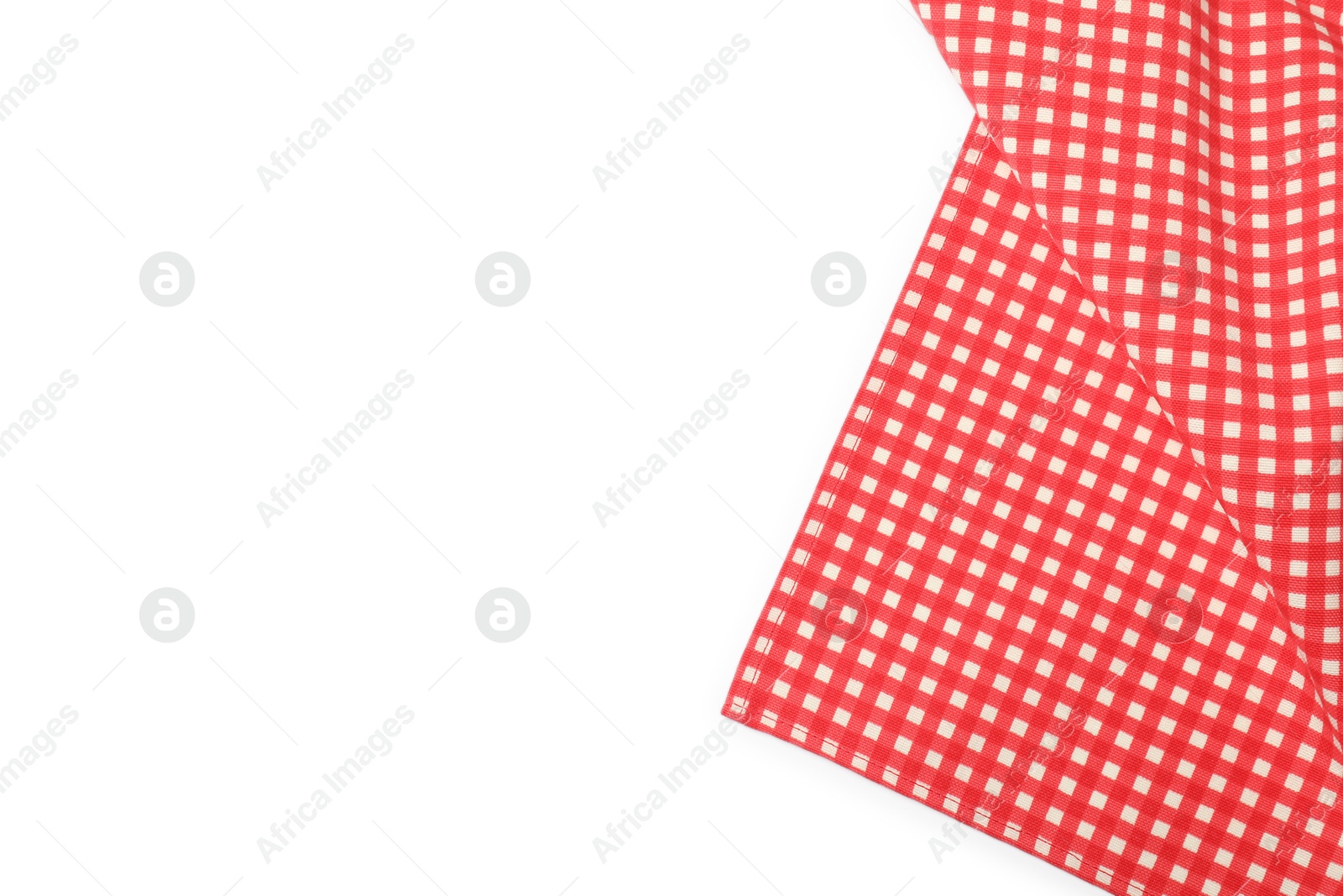 Photo of Red checkered tablecloth isolated on white, top view