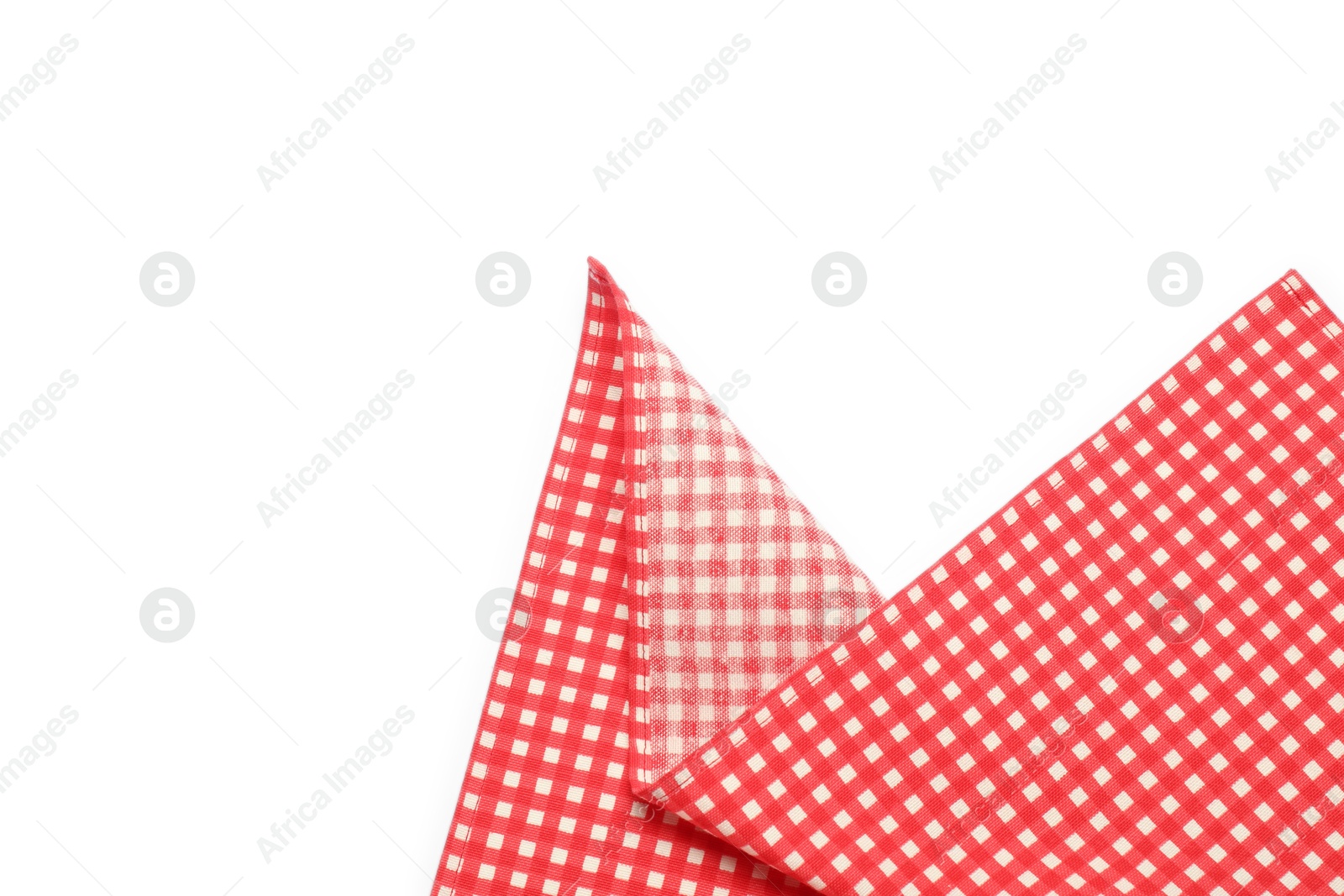 Photo of Red checkered tablecloth isolated on white, top view