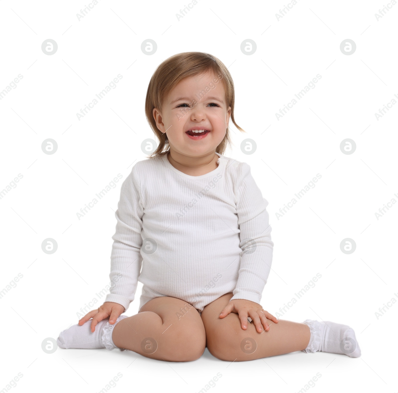 Photo of Cute funny baby girl on white background