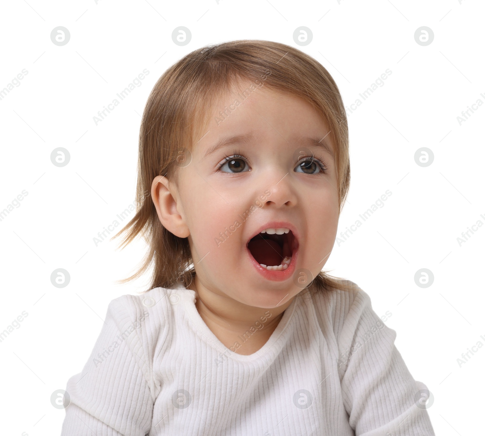 Photo of Cute little baby girl on white background