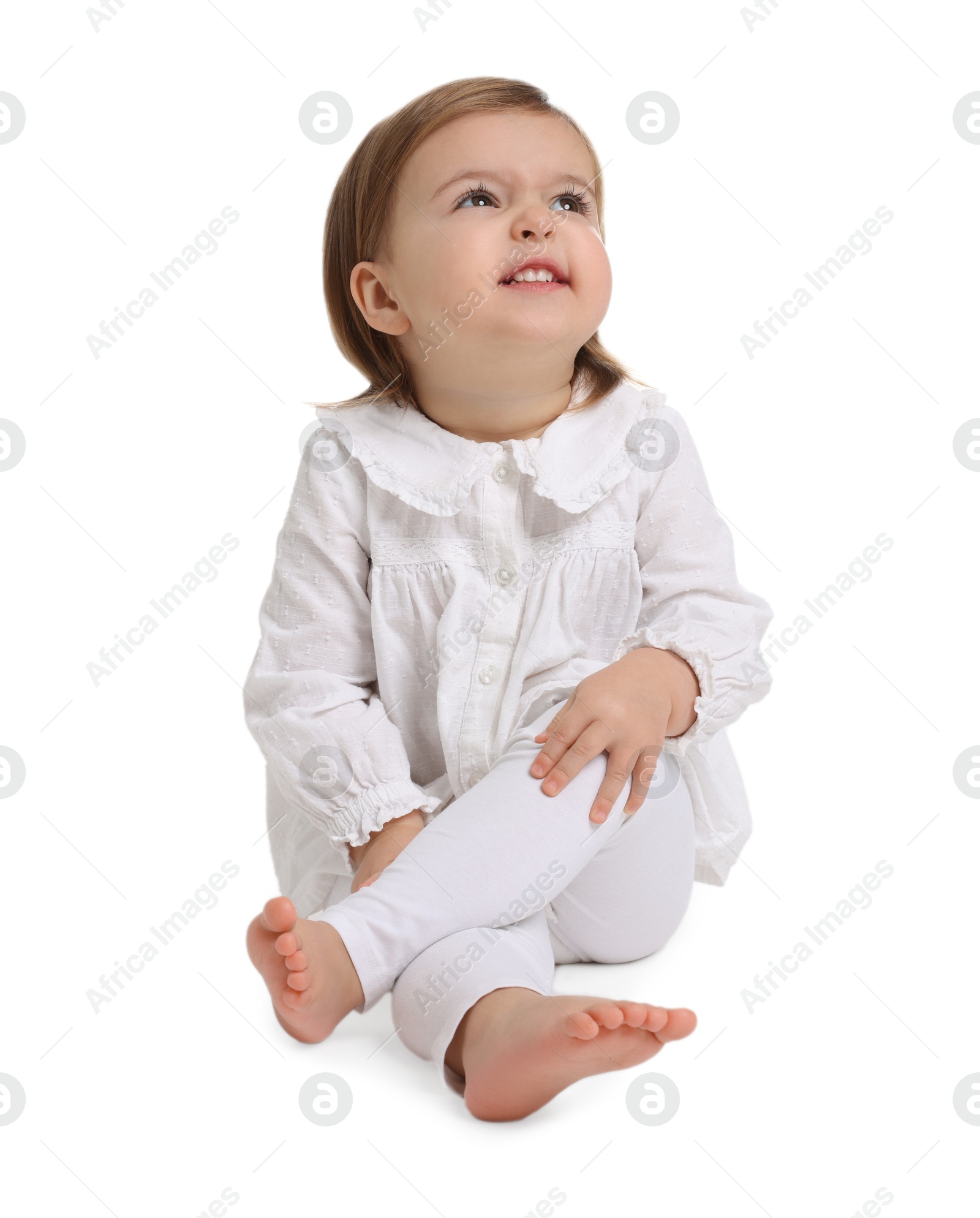 Photo of Cute little baby girl on white background