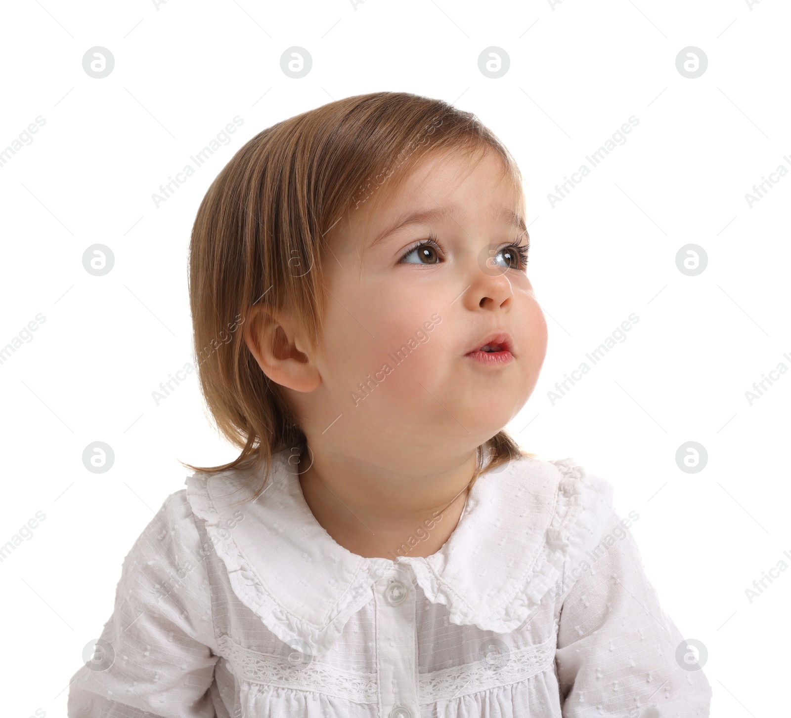 Photo of Cute little baby girl on white background