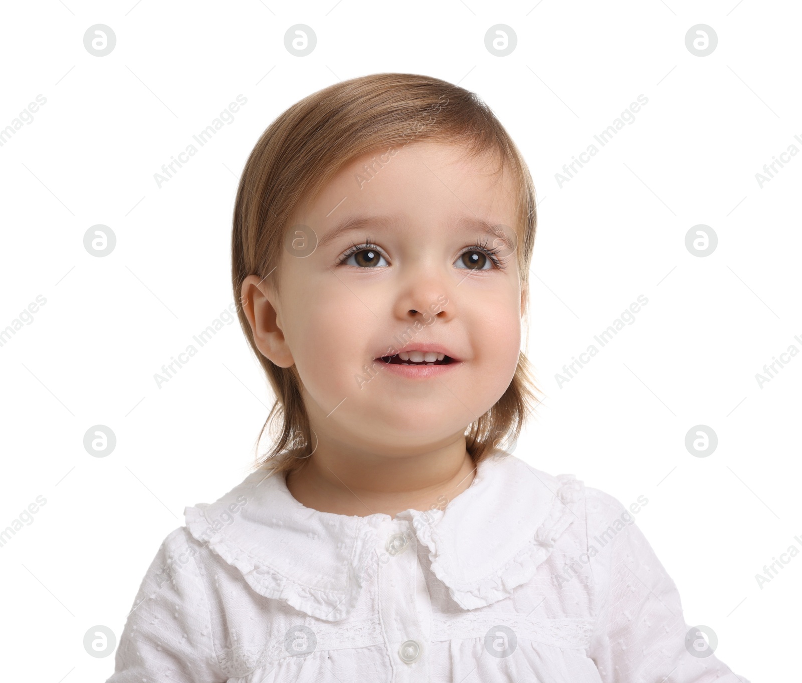 Photo of Cute little baby girl on white background