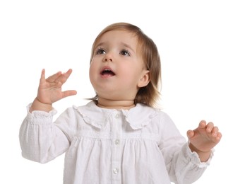 Photo of Cute little baby girl on white background