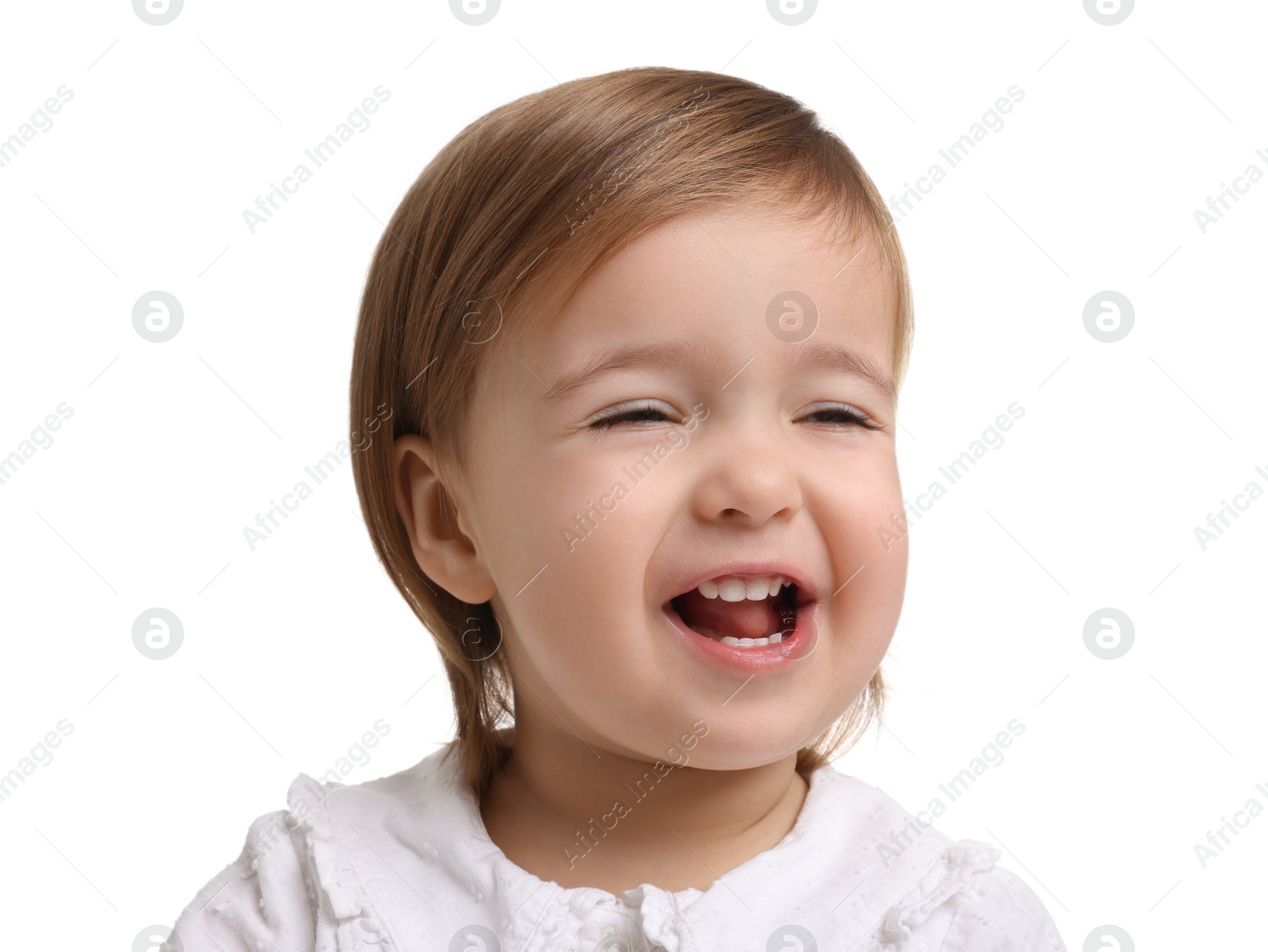 Photo of Cute funny baby girl on white background