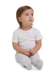 Photo of Cute little baby girl on white background