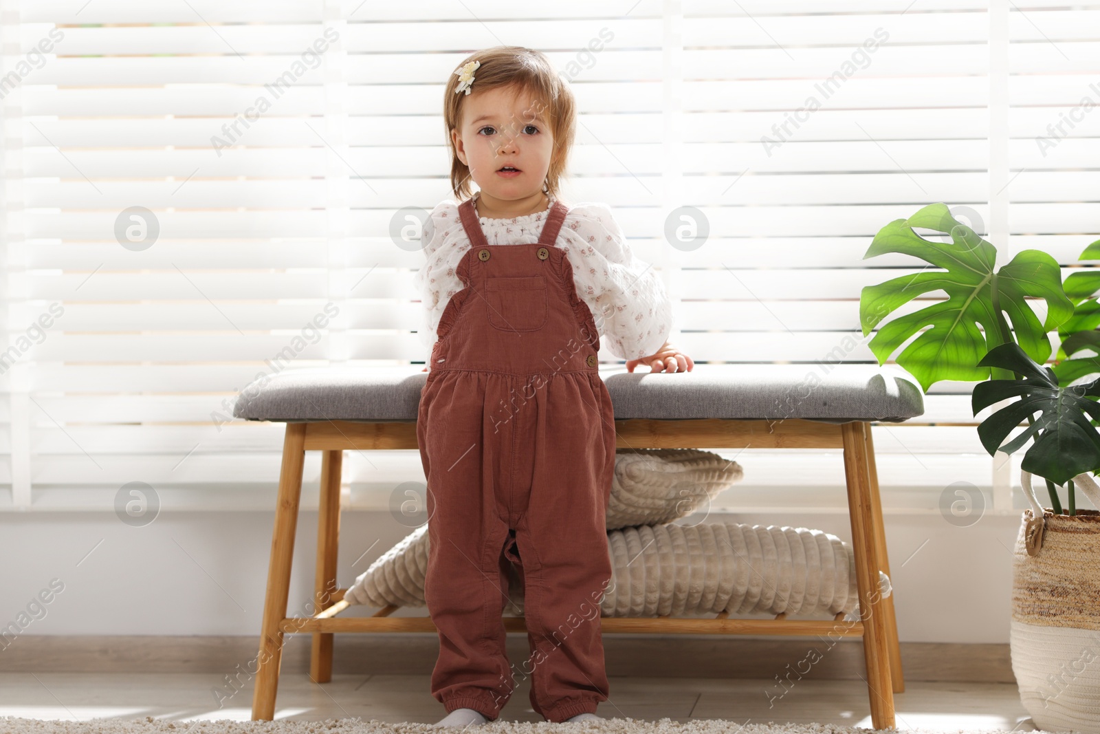 Photo of Cute little girl near storage bench at home