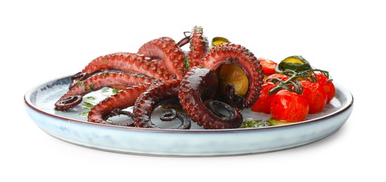 Photo of Fried octopus with herb sauce and vegetables isolated on white