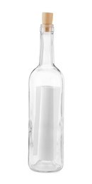 Photo of Corked glass bottle with rolled letter isolated on white