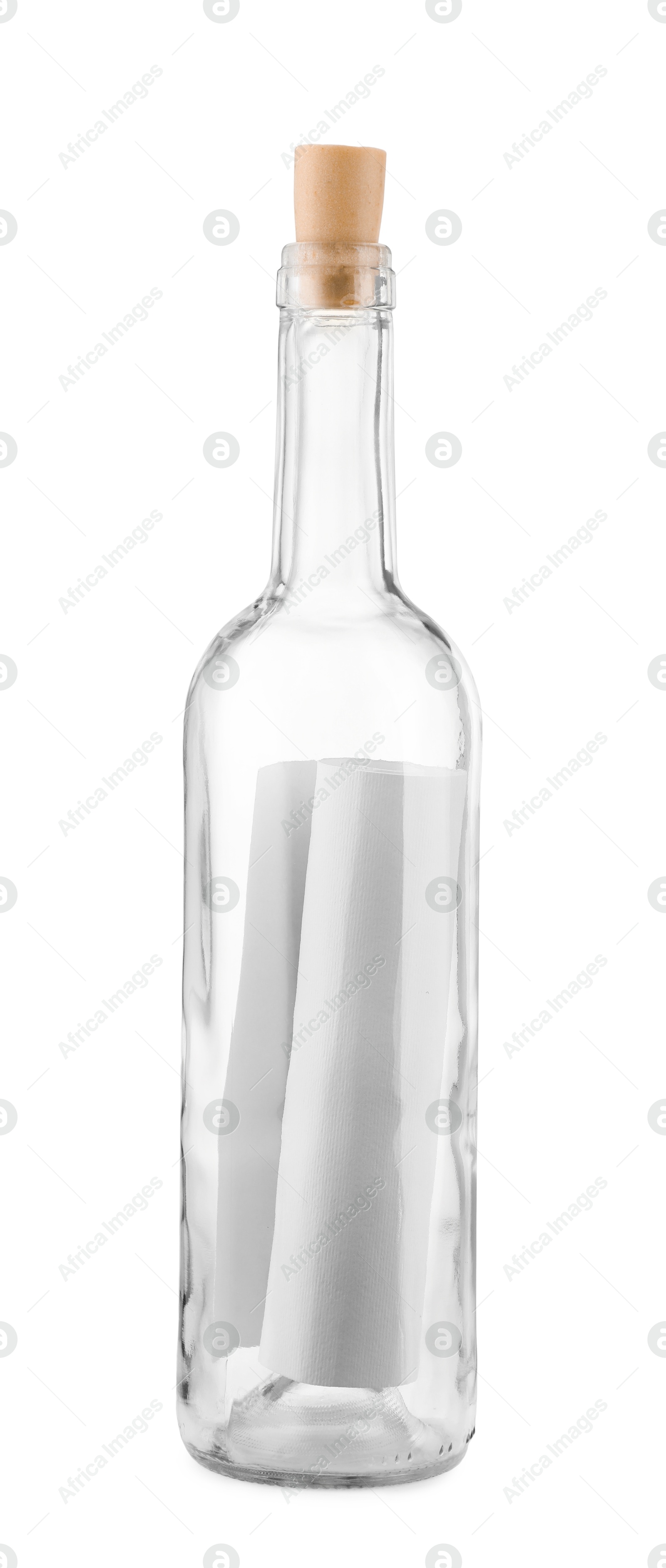 Photo of Corked glass bottle with rolled letter isolated on white