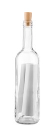 Photo of Corked glass bottle with rolled letter isolated on white