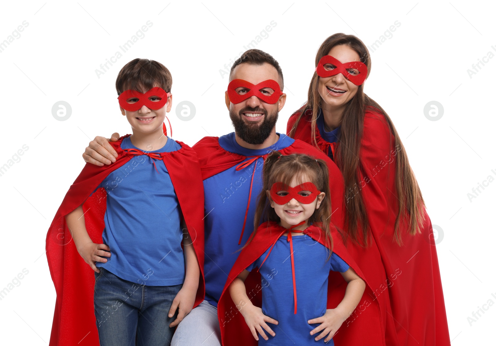 Photo of Parents and their children wearing superhero costumes on white background