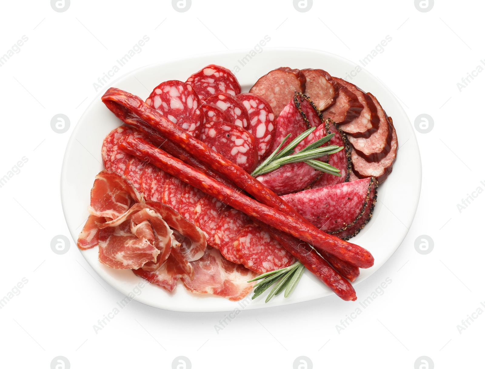 Photo of Different smoked sausages slices isolated on white, top view