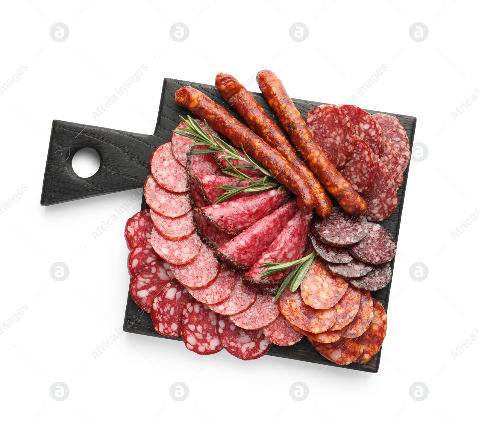 Photo of Different smoked sausages slices isolated on white, top view