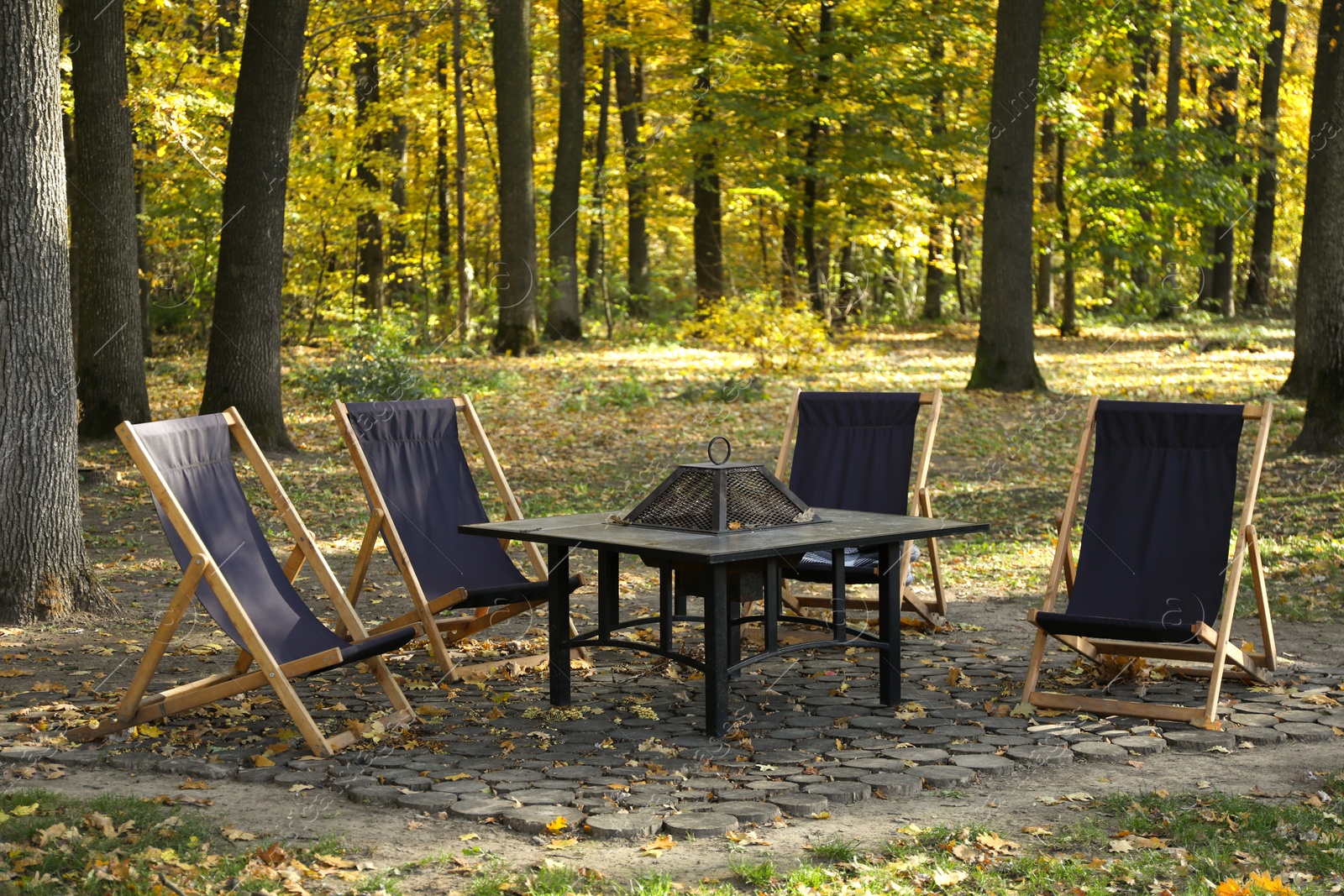 Photo of Picnic table and chairs in beautiful autumnal forest