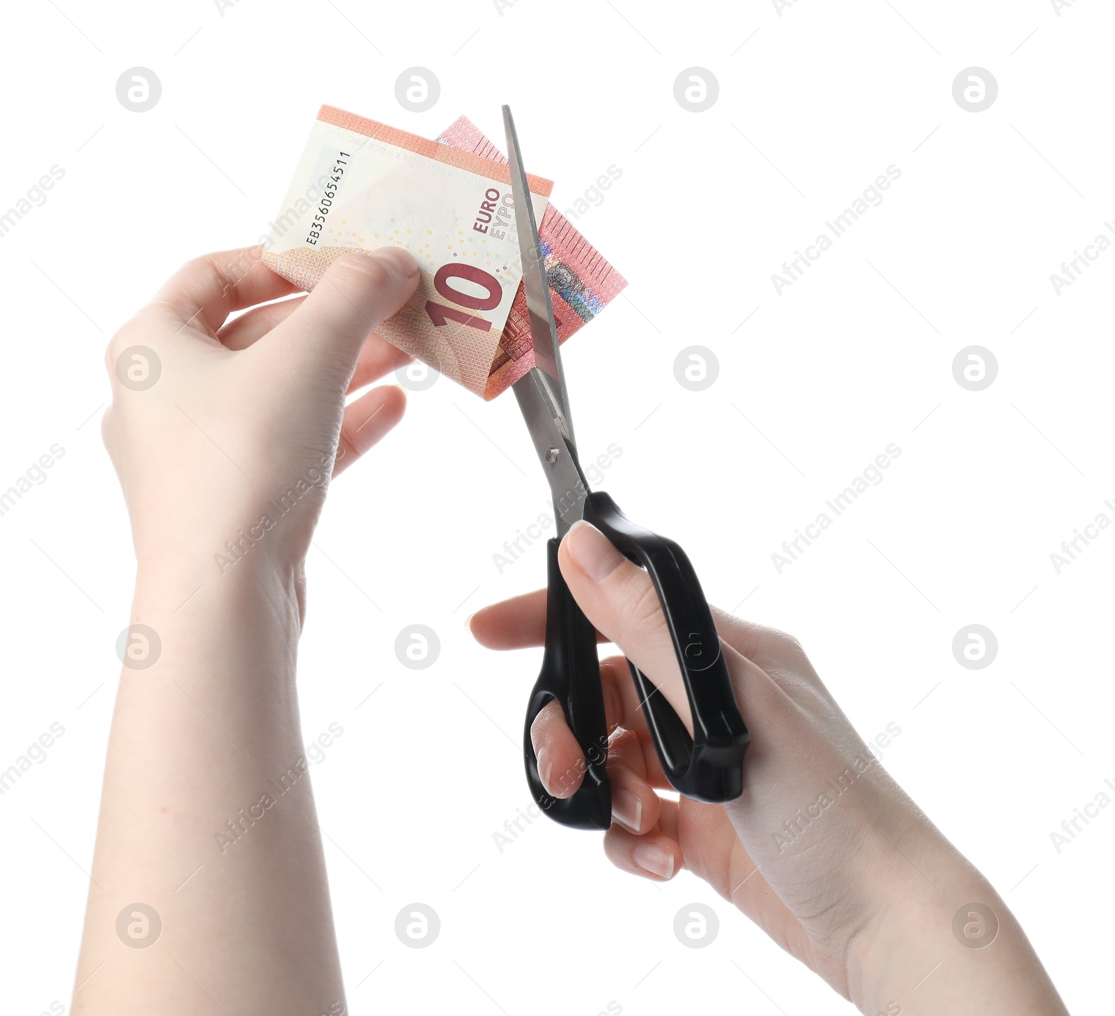 Photo of Woman cutting euro banknote on white background, closeup