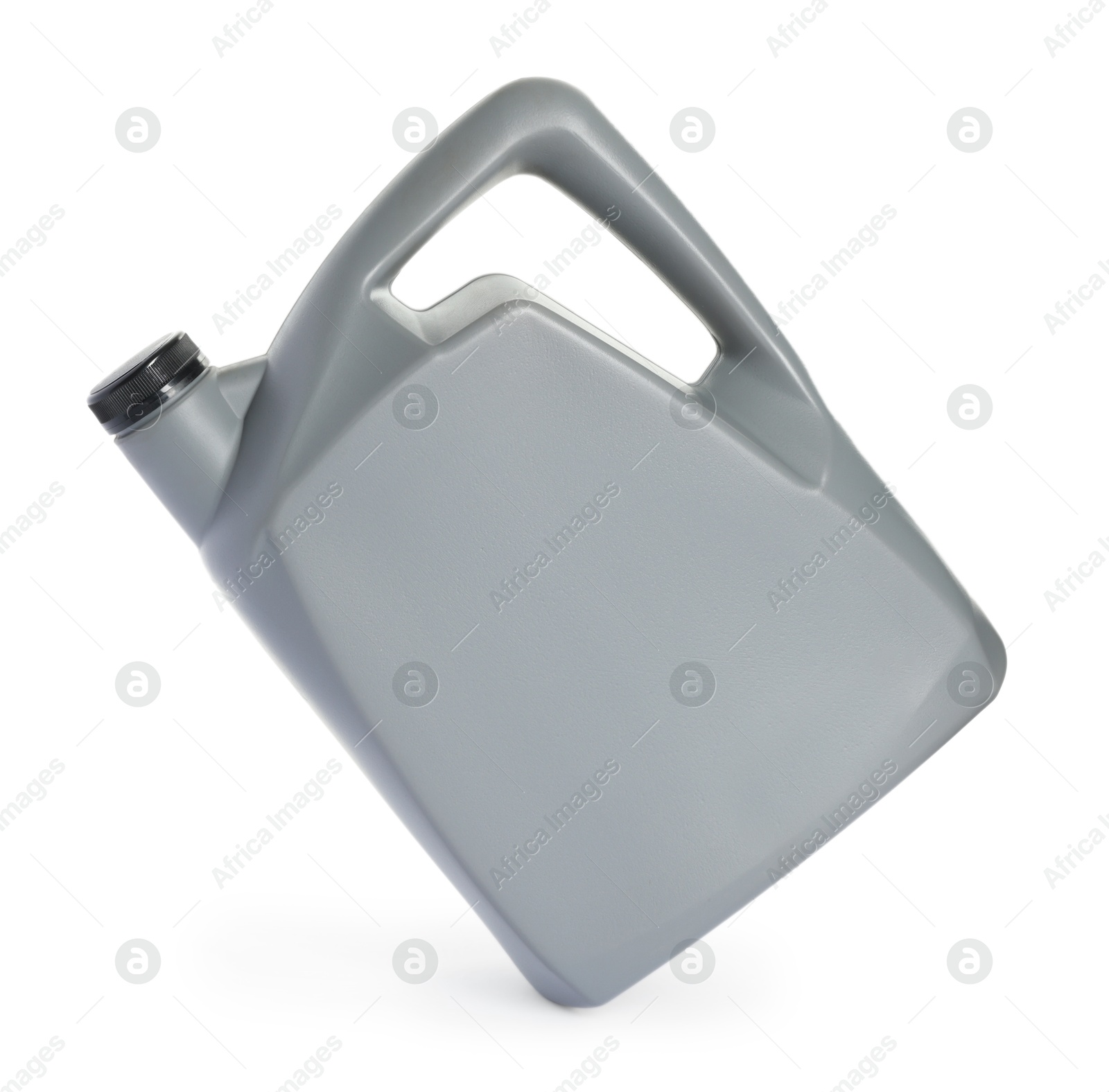 Photo of One grey plastic canister in air on white background