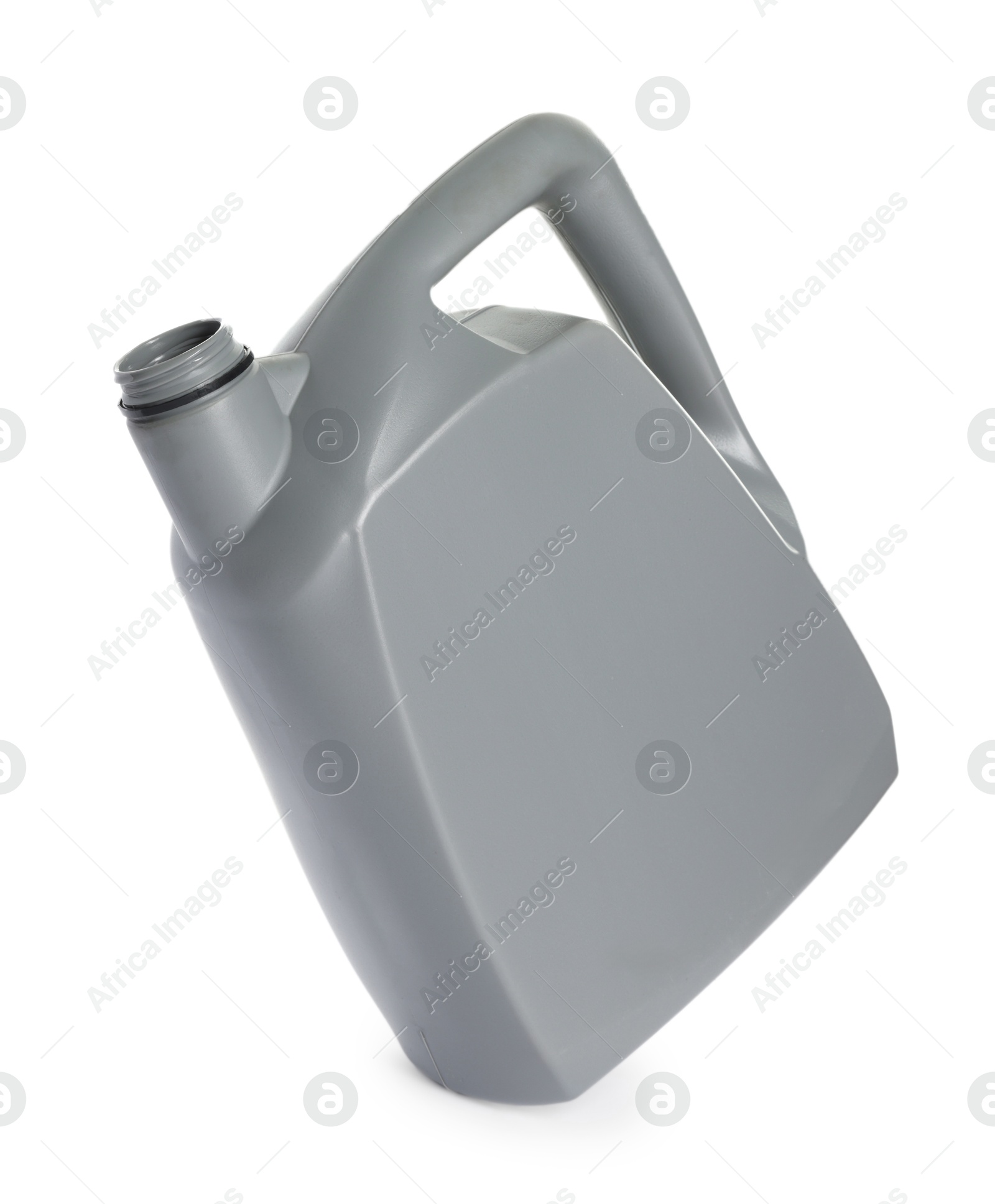 Photo of One grey plastic canister in air on white background