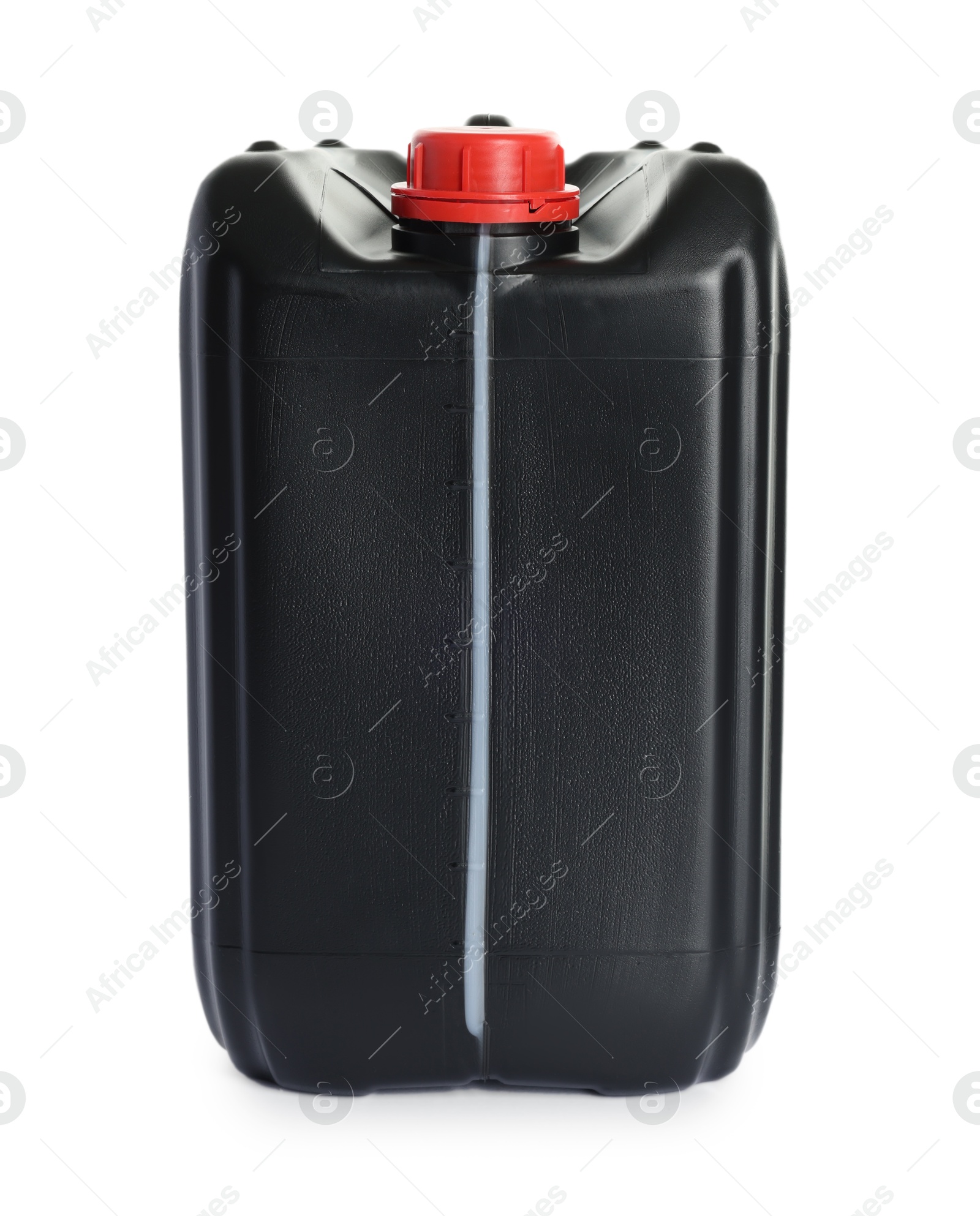 Photo of One black plastic canister on white background