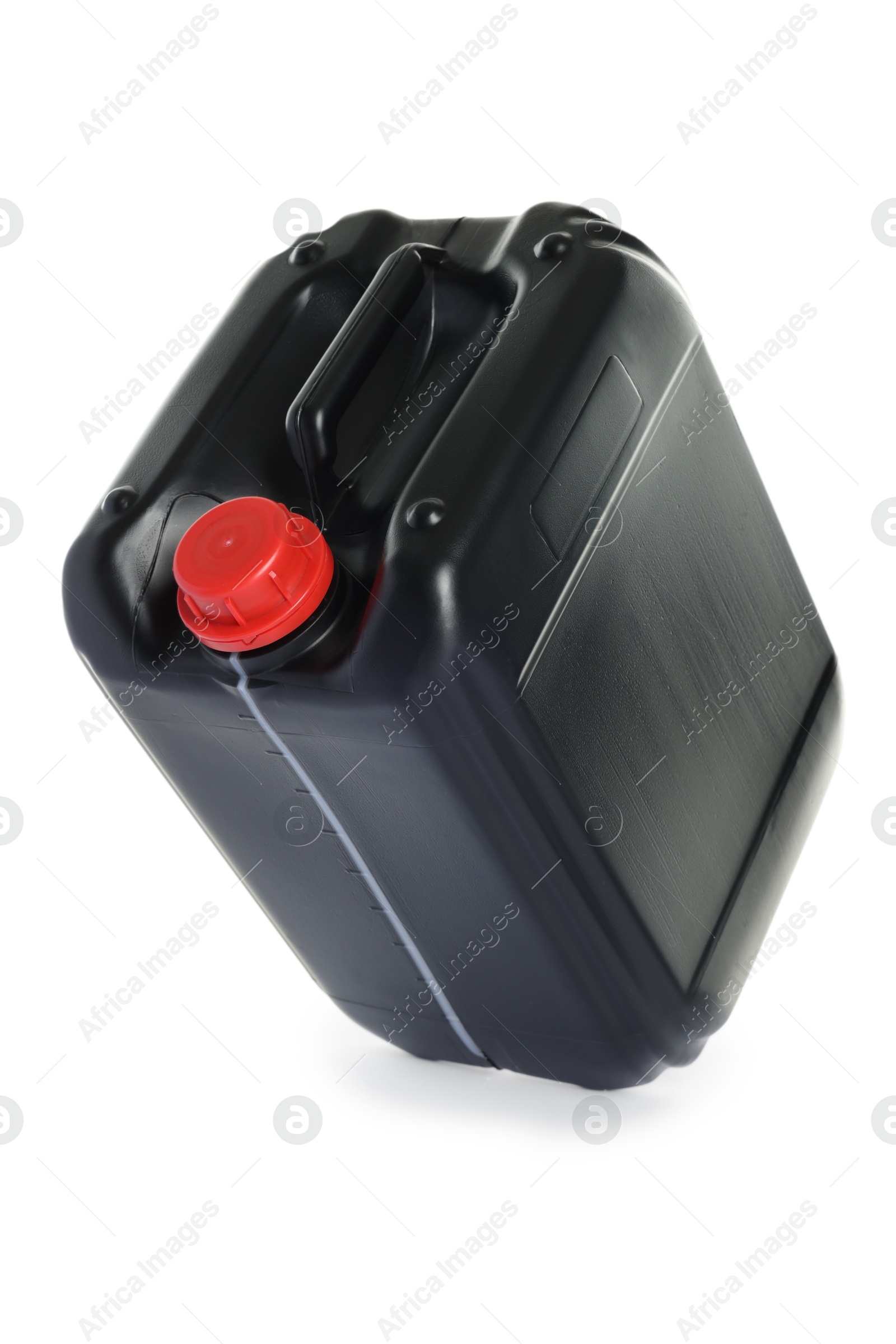 Photo of One black plastic canister in air on white background