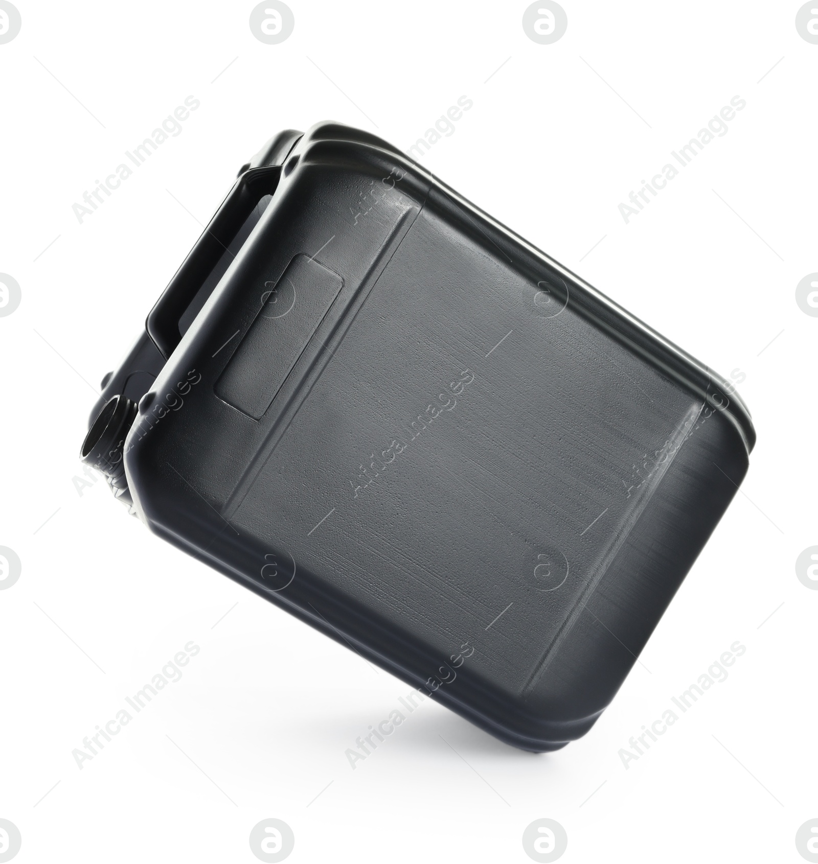 Photo of One black plastic canister in air on white background