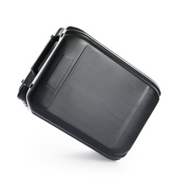 Photo of One black plastic canister in air on white background