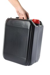 Photo of Woman with black plastic canister on white background, closeup