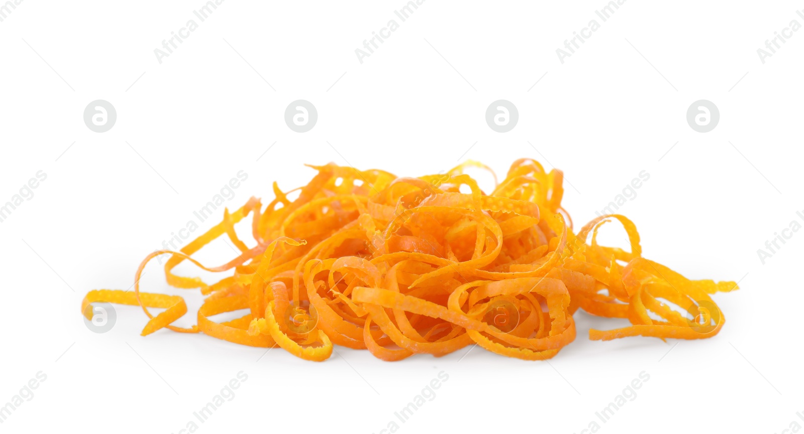 Photo of Pile of fresh orange zest isolated on white