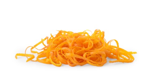 Photo of Pile of fresh orange zest isolated on white