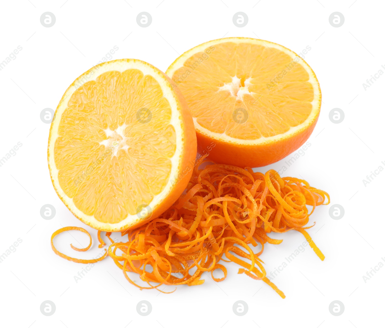 Photo of Pile of fresh orange zest and cut fruit isolated on white