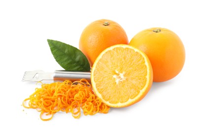 Photo of Pile of fresh orange zest, fruits, leaves and grater isolated on white