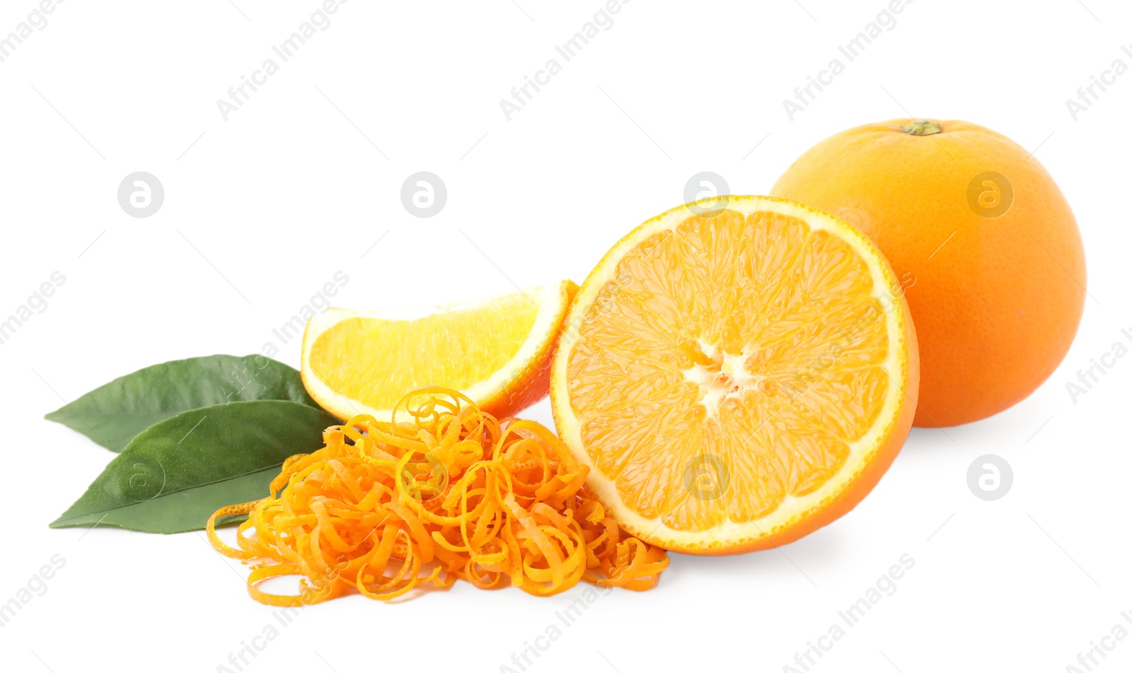 Photo of Pile of fresh orange zest, fruits and leaves isolated on white