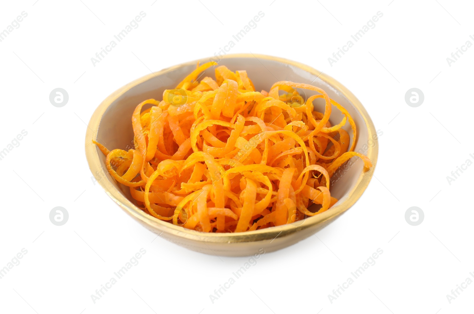 Photo of Fresh orange zest in bowl isolated on white