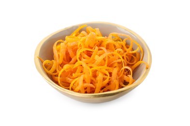 Photo of Fresh orange zest in bowl isolated on white