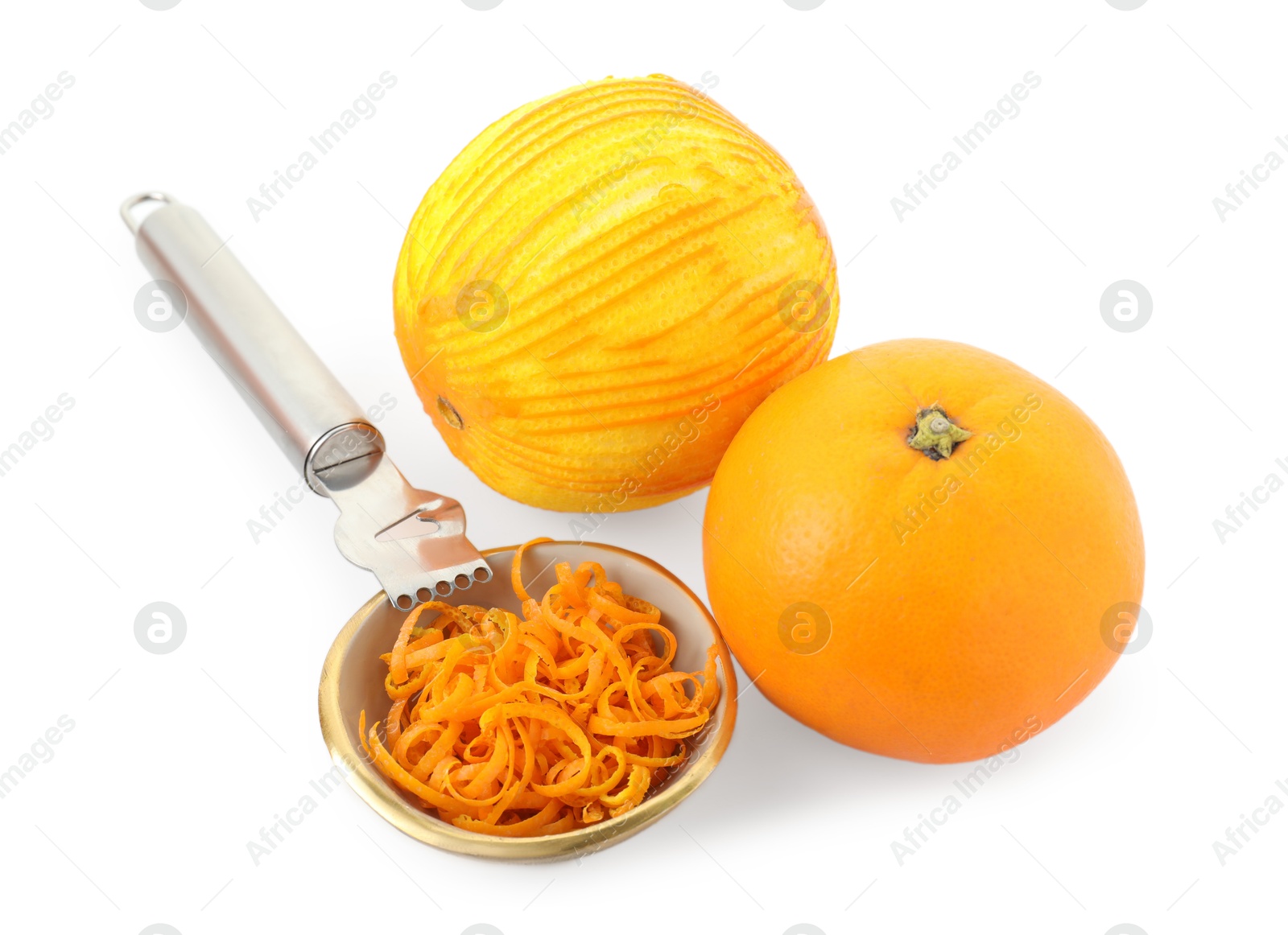 Photo of Fresh orange zest in bowl, fruits and zester isolated on white