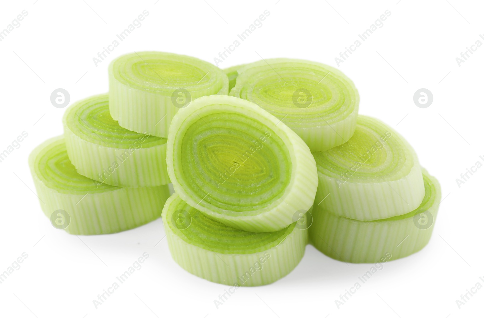 Photo of Pieces of chopped leek isolated on white