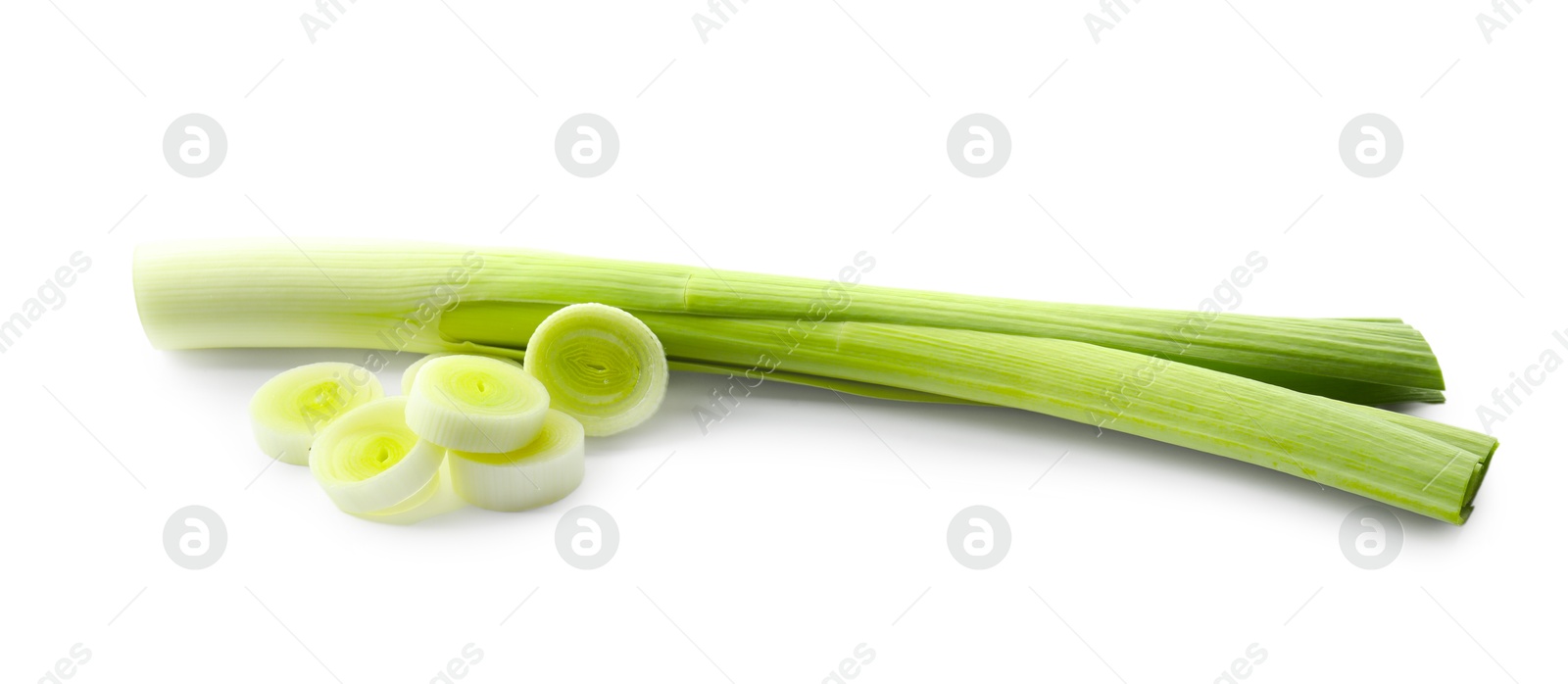 Photo of Whole and cut leeks isolated on white