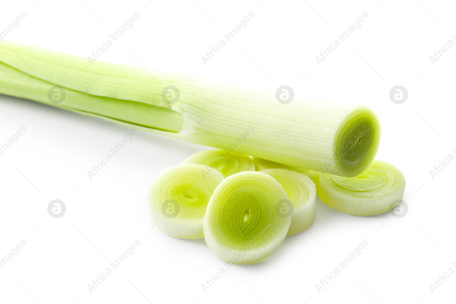 Photo of Whole and cut leeks isolated on white