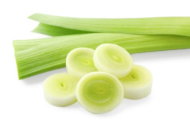 Photo of Whole and cut leeks isolated on white