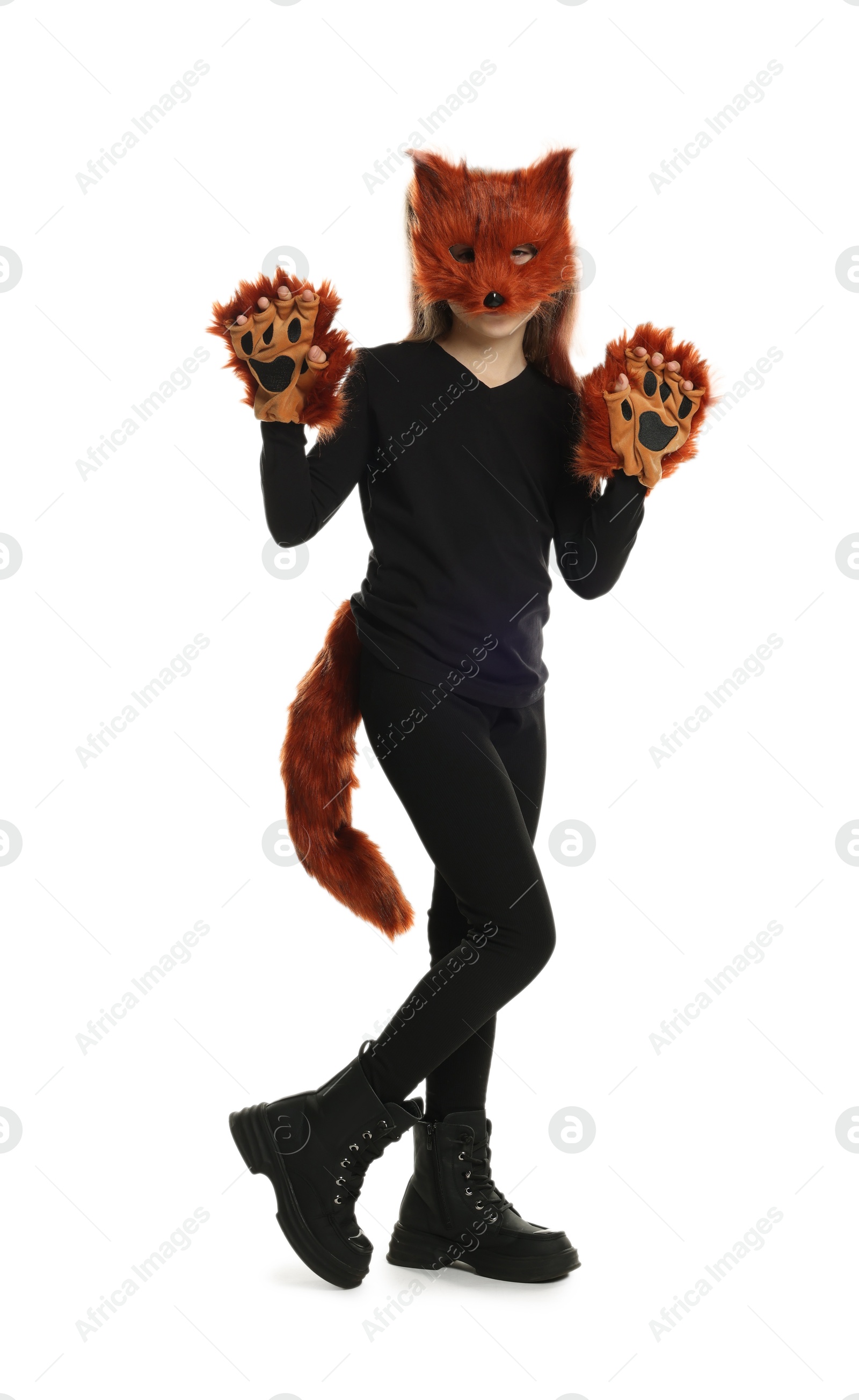 Photo of Quadrobics. Girl wearing fox mask, tail and gloves on white background