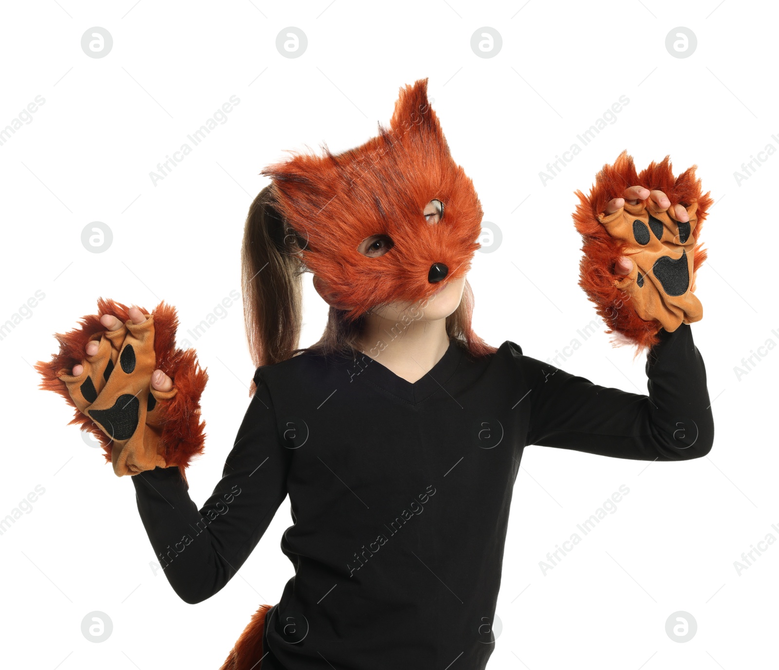 Photo of Quadrobics. Girl wearing fox mask and gloves on white background